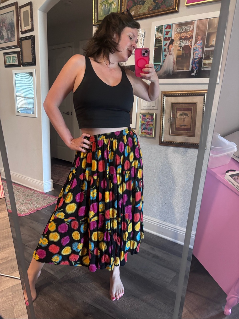 Vintage rayon tiered midi skirt colorful‎ polka dot floral teacher boho 90s USA